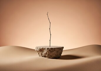 Single dry twig growing from a rock in a desert landscape with soft lighting