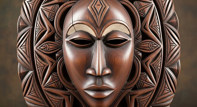 Ornate wooden mask with intricate geometric carvings shows tribal art.