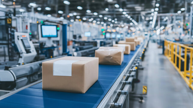 Cardboard boxes moving on an industrial conveyor belt within an automated production line, representing modern delivery and efficiency concepts