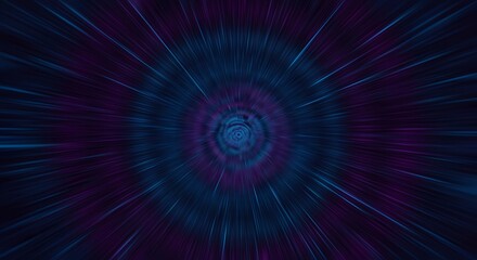 Abstract Hyperspace Travel and Data Transfer: Dynamic, High-Speed Motion Background of a Deep Blue and Purple Tunnel or Wormhole with Radial Light Streaks, Representing Digital Acceleration
