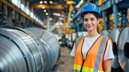 Woman industrial worker in safety gear smiling at camera