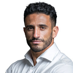 Professional business headshot of a Middle Eastern male in his 30s, short dark hair, wearing a crisp white dress shirt, confident and professional expression,
