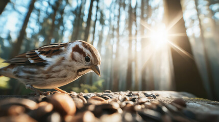 Small brown bird feeding on sunflower seeds in a feeder, morning sunlight filtering through the trees in the forest, capturing a natural wildlife moment