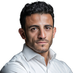 Professional business headshot of a Middle Eastern male in his 30s, short dark hair, wearing a crisp white dress shirt, confident and professional 
