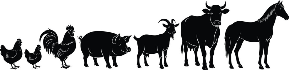 Farm animals silhouette collection featuring chickens, rooster, pig, goat, cow and horse in detailed black vector illustration for agriculture themes