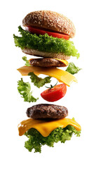 Deconstructed layers of a juicy cheeseburger including sesame brioche bun, grilled beef patty, melting cheddar cheese