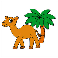 Cute cartoon camel standing next to a palm tree isolated on white background isolated on transparent background