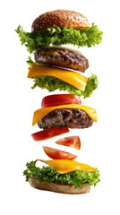 Deconstructed layers of a juicy cheeseburger including sesame brioche bun, grilled beef patty, melting cheddar cheese