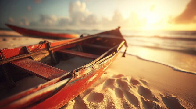 Wooden rowboat resting on sandy tropical beach, sun setting over ocean, highlighting escape and tranquility concept