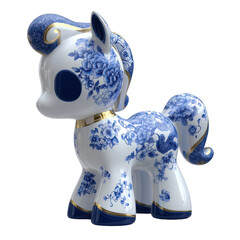 D Art Toy blind box design, anthropomorphic pony mascot IP. Core style is Chinese Blue and White Porcelain Art style.
