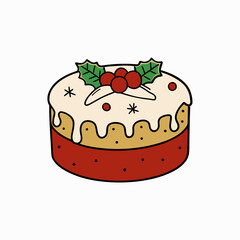 Festive christmas fruitcake with icing and holly berries isolated on white background isolated on transparent background
