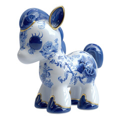 D Art Toy blind box design, anthropomorphic pony mascot IP. Core style is Chinese Blue and White Porcelain Art style.