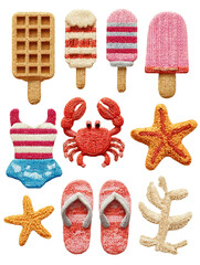 knitted pattern of cute summer-themed items, including icecrams a waffle, a lobster, a crab, flip flops , a swimmsuit, and a starfish, all in a kawaii style with summer colors on a white background, 