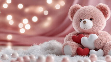 A cute teddy bear surrounded by heart-shaped decorations.