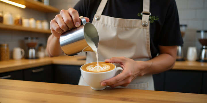 Barista pouring milk creating beautiful latte art - Powered by Adobe