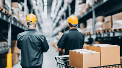 Workers in safety helmets transporting cardboard boxes in a warehouse aisle, managing inventory and supply chain operations