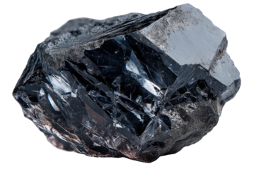 Shining Mineral: A close-up showcases a rough-hewn, captivating mineral specimen, its surface gleaming with a dark, lustrous sheen that hints at its geological origins.