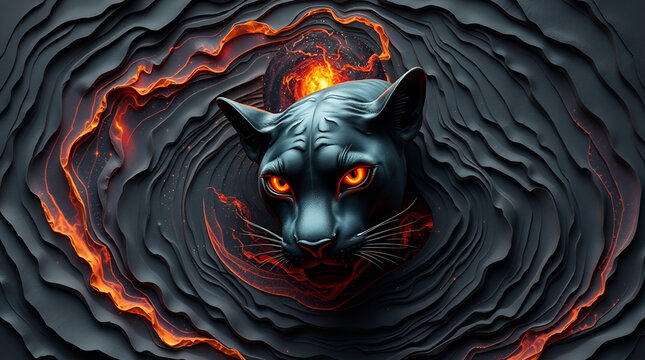 Intense closeup of a fierce black panther head emerging from dark, swirling, textured material with glowing orange and red fiery accents around its eyes and the surrounding vortex