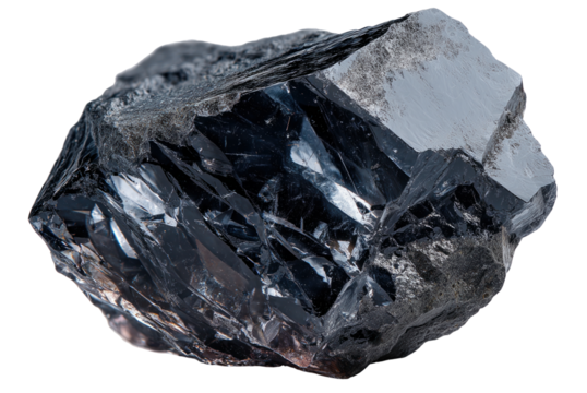 Shining Mineral: A close-up showcases a rough-hewn, captivating mineral specimen, its surface gleaming with a dark, lustrous sheen that hints at its geological origins.