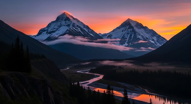 Majestic snowy mountain peaks glow under a vibrant sunset sky.