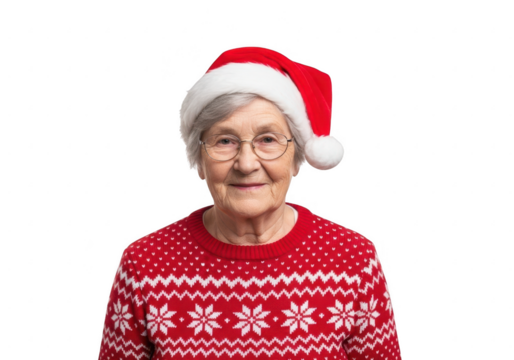 Elderly woman wearing santa hat and festive sweater isolated on transparent background
