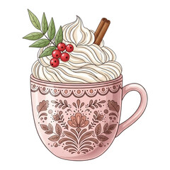 Festive mug with cream and berries isolated on transparent background