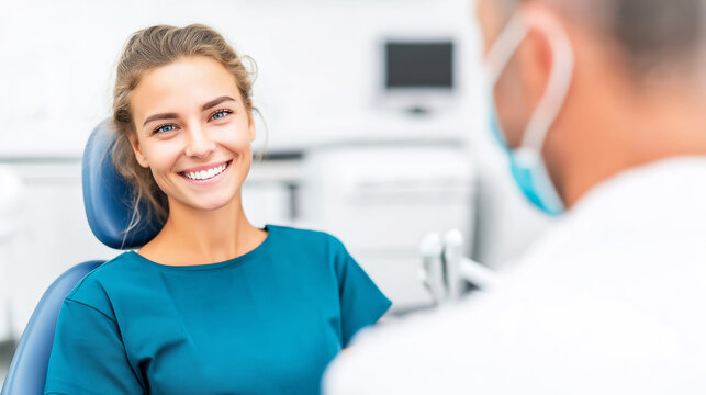 Happy patient smiling confidently, receiving quality dental treatment and conversation from a masked professional in a modern clinic - Powered by Adobe