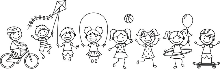 Happy kids playing outdoor with bike, kite, jump rope, ball, balloon, and skateboard, fun childhood line art illustration