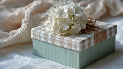 Gift box featuring white hydrangea flowers on soft fabric, highlighting elegant textures and a calming ambiance ideal for special occasions or decorative purposes