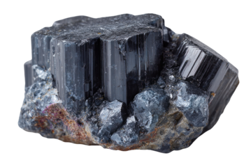 Striking Black Tourmaline: A close-up view of a raw, unpolished black tourmaline crystal cluster. showcasing the unique texture and the dark, glossy surface.