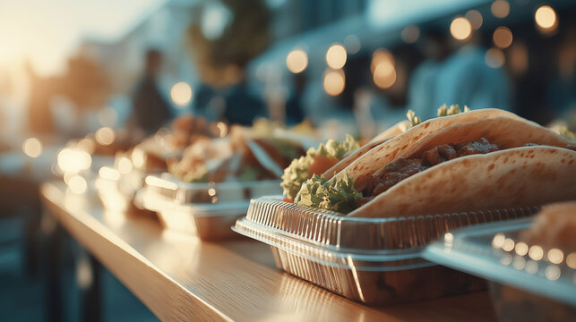 Offering a selection of tortilla wraps filled with meat and fresh lettuce, presented in convenient takeaway containers for customers at a bustling evening food market