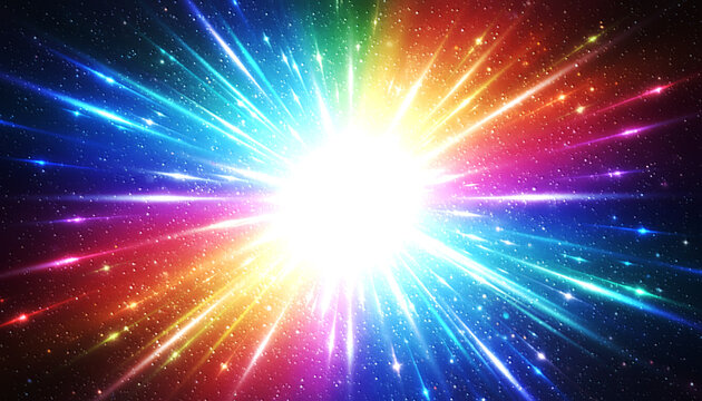 虹色に輝く光の爆発と宇宙空間の背景素材 カラフルなエネルギーバーストと放射状の閃光 多色のスペクトルが広がる幻想的な抽象グラフィック