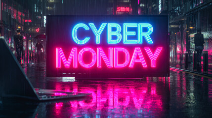 Vibrant cyber monday neon sign glowing brightly in a futuristic city street reflecting on wet pavement