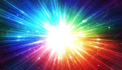 虹色に輝く光の爆発と宇宙空間の背景素材 カラフルなエネルギーバーストと放射状の閃光 多色のスペクトルが広がる幻想的な抽象グラフィック