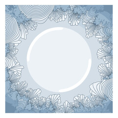 Intricate ice crystal patterns surrounding blank space on blue background  