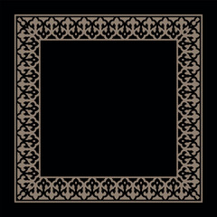Square frame with an intricate, repeating ornamental pattern in a taupe hue against a black background. The design features stylized floral and swirling motifs, evoking a classic, elegant feel