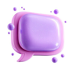 3D-rendered, glossy pink and purple speech bubble with floating spheres, isolated on black