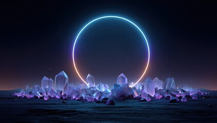 Futuristic glowing neon circle above vibrant crystal formations on a dark alien landscape