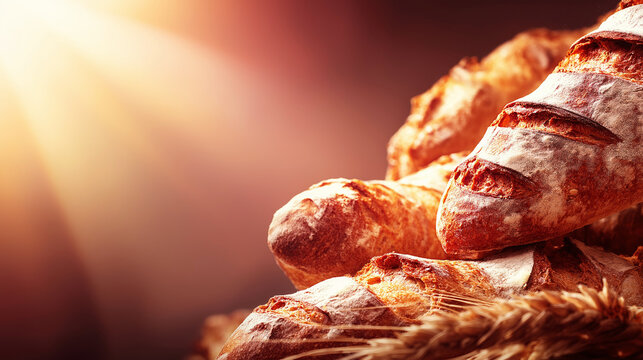 Freshly baked artisan bread loaves displaying golden crust, flour, and wheat ears with warm light - Powered by Adobe