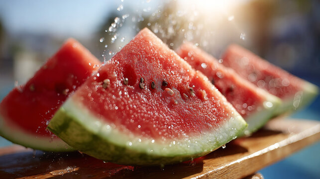 Watermelon slices refreshing with water splashes, summer fruit for hydration and healthy eating outdoors