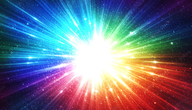 虹色に輝く光の爆発と宇宙空間の背景素材 カラフルなエネルギーバーストと放射状の閃光 多色のスペクトルが広がる幻想的な抽象グラフィック