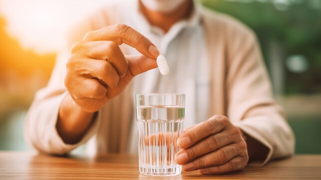 Senior hand holding white pill above glass of water, preparing to take medication for health and well being