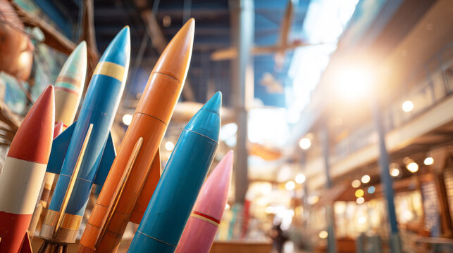 Colorful rocket models standing in a science museum display, inspiring space exploration and STEM education