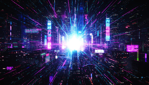 サイバーパンクなネオン輝く未来都市のデジタルハイウェイ 仮想空間を高速移動するワープドライブと光のトンネル ネットワークとテクノロジーを表すフューチャリスティックな背景