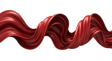 Abstract flowing wave of glossy red liquid paint or fabric creating a dynamic and elegant artistic ribbon on a white background