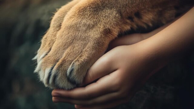 Video A close-up shot of a person gently holding a dog's paw, conveying affection and companionship