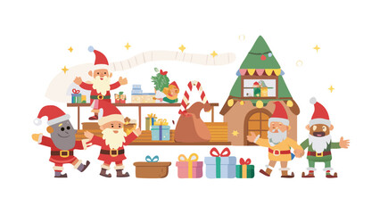 Fototapeta premium Cartoon Santa’s workshop filled with toy-making elf characters