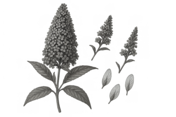 Black and white vintage botanical illustration of a blooming lilac flower with detailed leaves and smaller sprigs