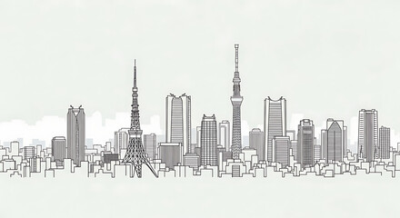 Fototapeta premium Minimalist Tokyo city skyline vector, line art cityscape, modern urban design, iconic Japanese landmarks, clean and sleek vector illustration