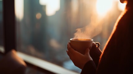 秋の朝、窓際で温かいコーヒーの湯気が立ち上るマグカップを手に持つ飲み物の写真